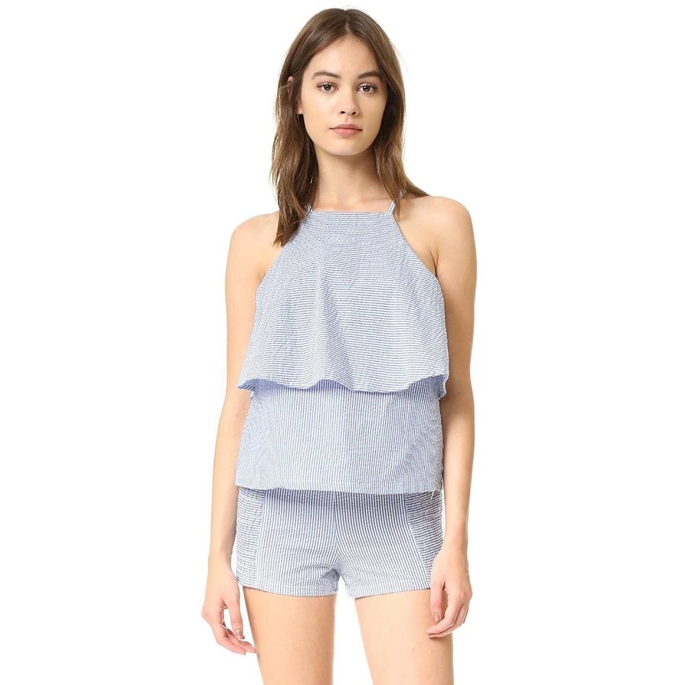 MINKPINK Top Blue White Stripe Tiered Ruffle Sleeveless Tank - Picture 3 of 12
